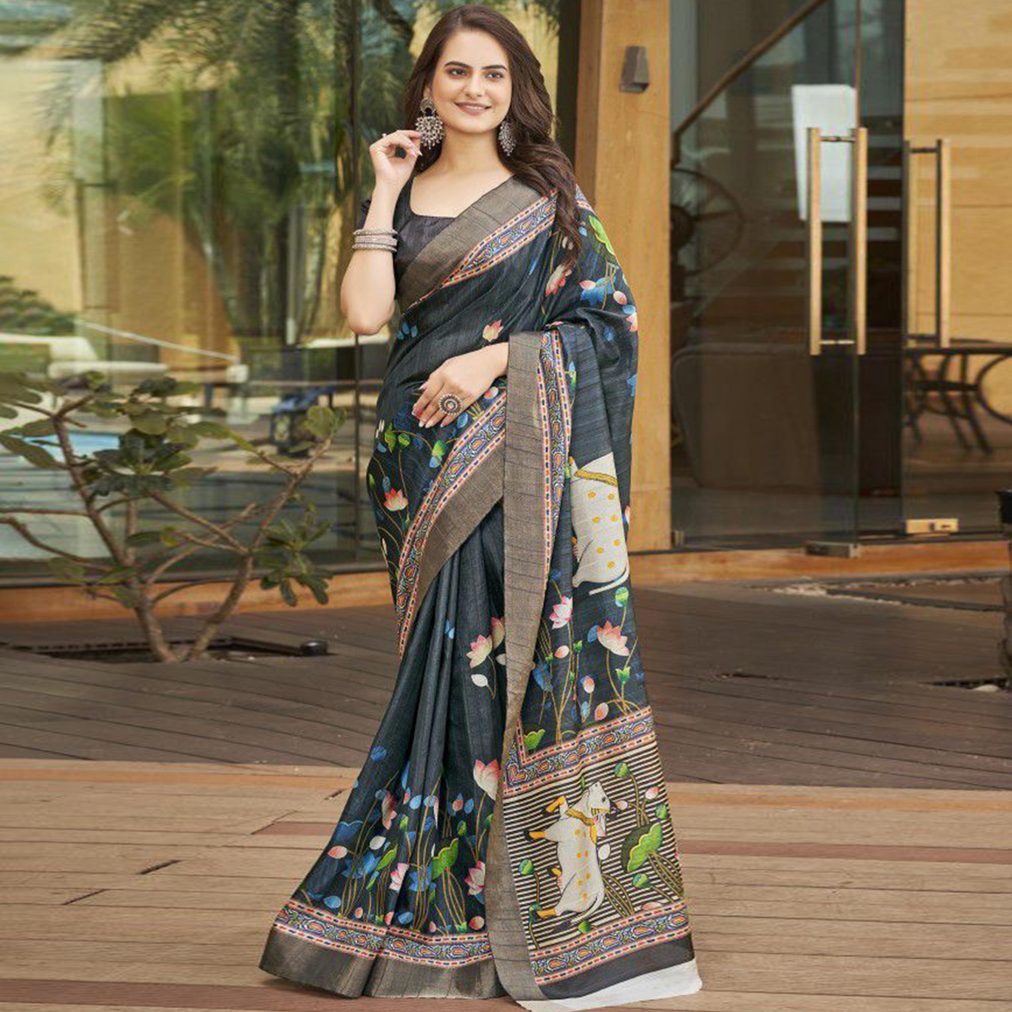 Black Floral Digital Printed Tussar Silk Saree