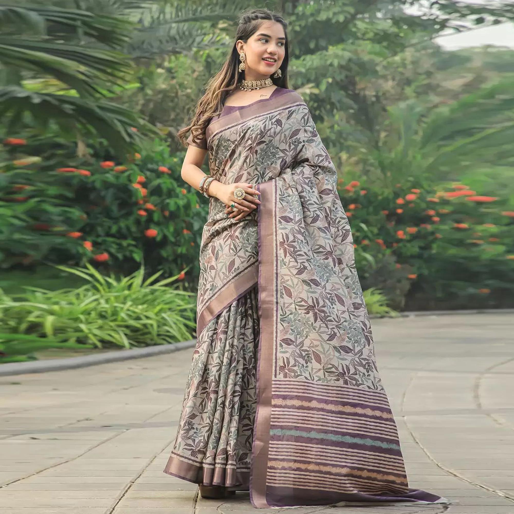 Dusty Brown Floral Digital Printed Tussar Silk Saree