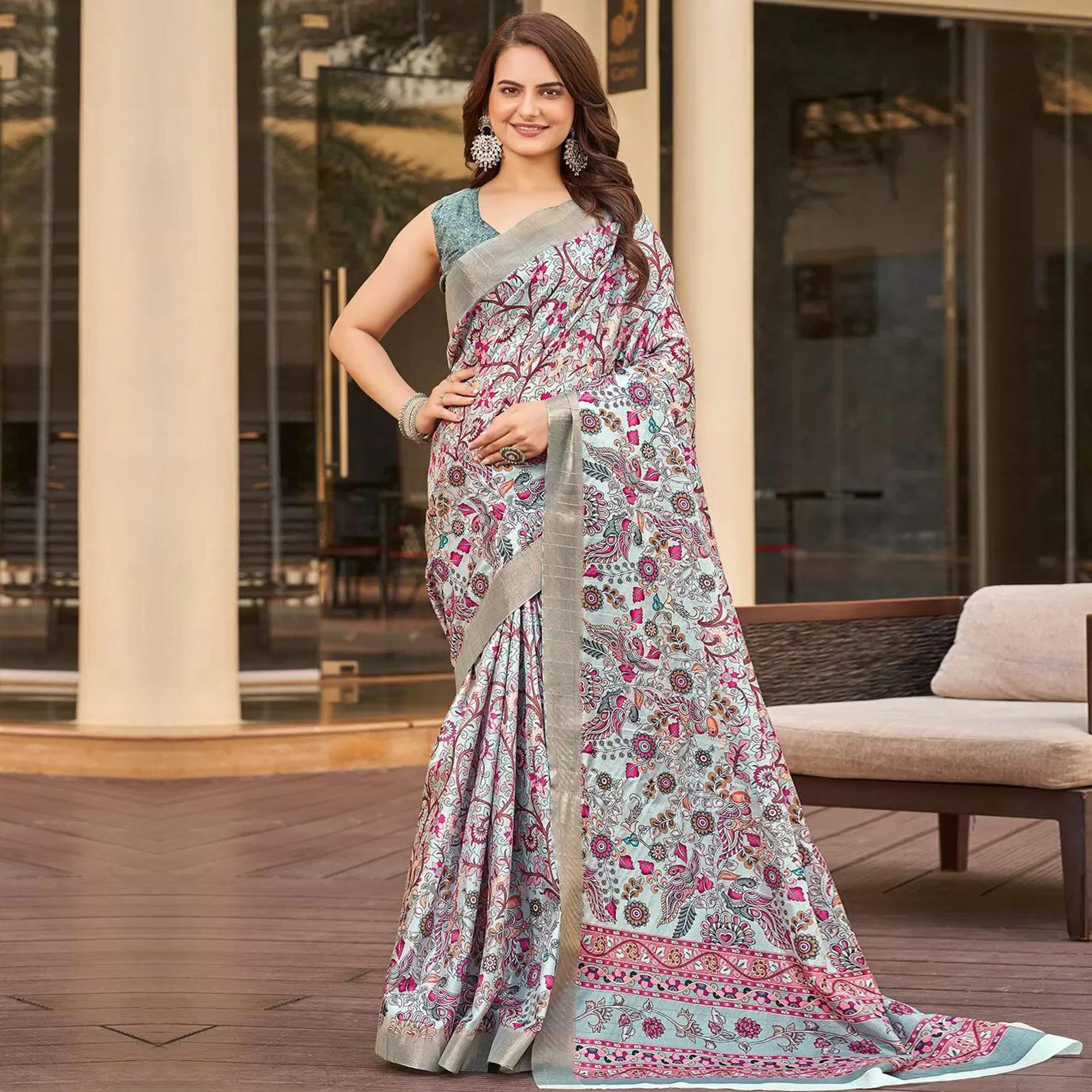 Grey Floral Digital Printed Tussar Silk Saree