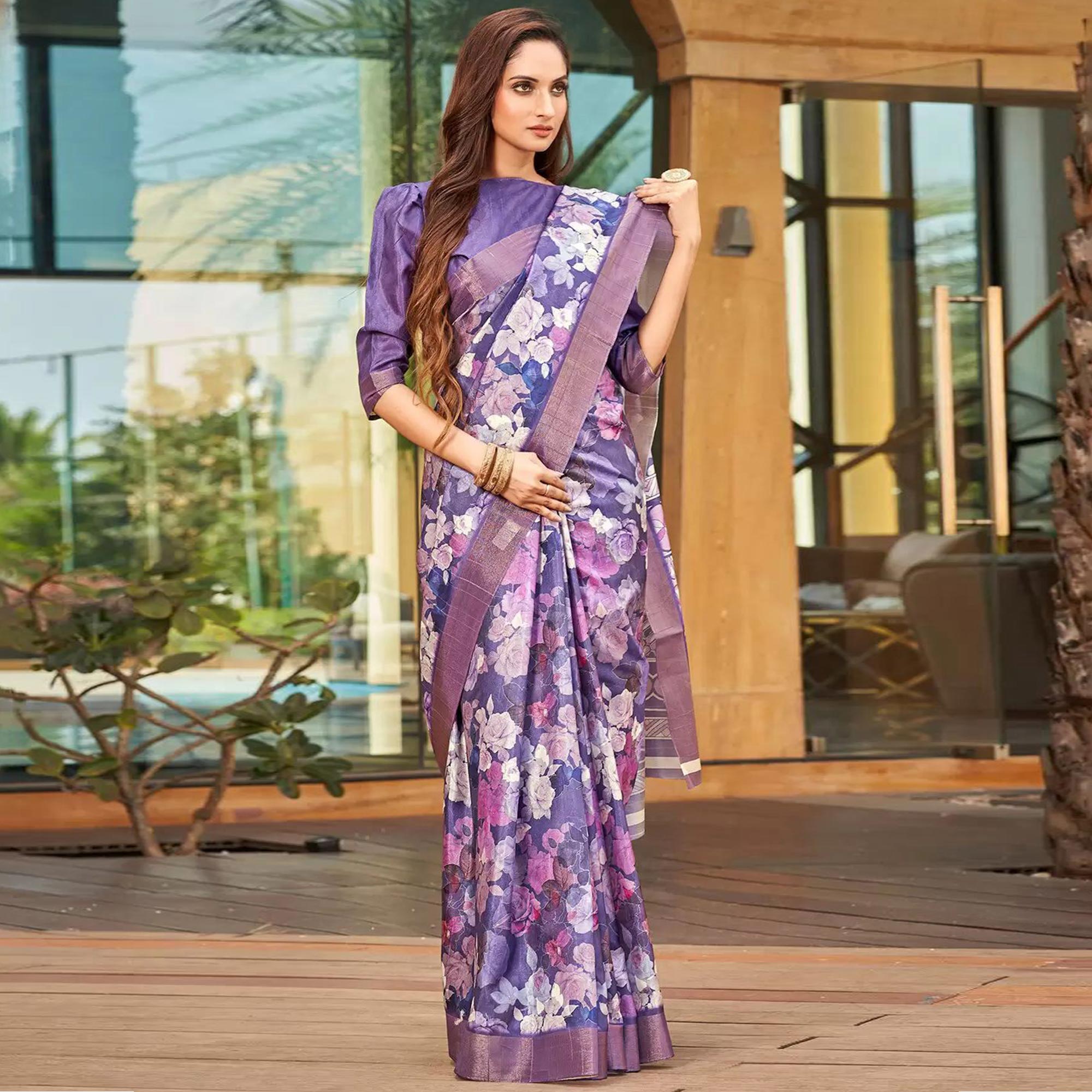 Purple Floral Digital Printed Tussar Silk Saree