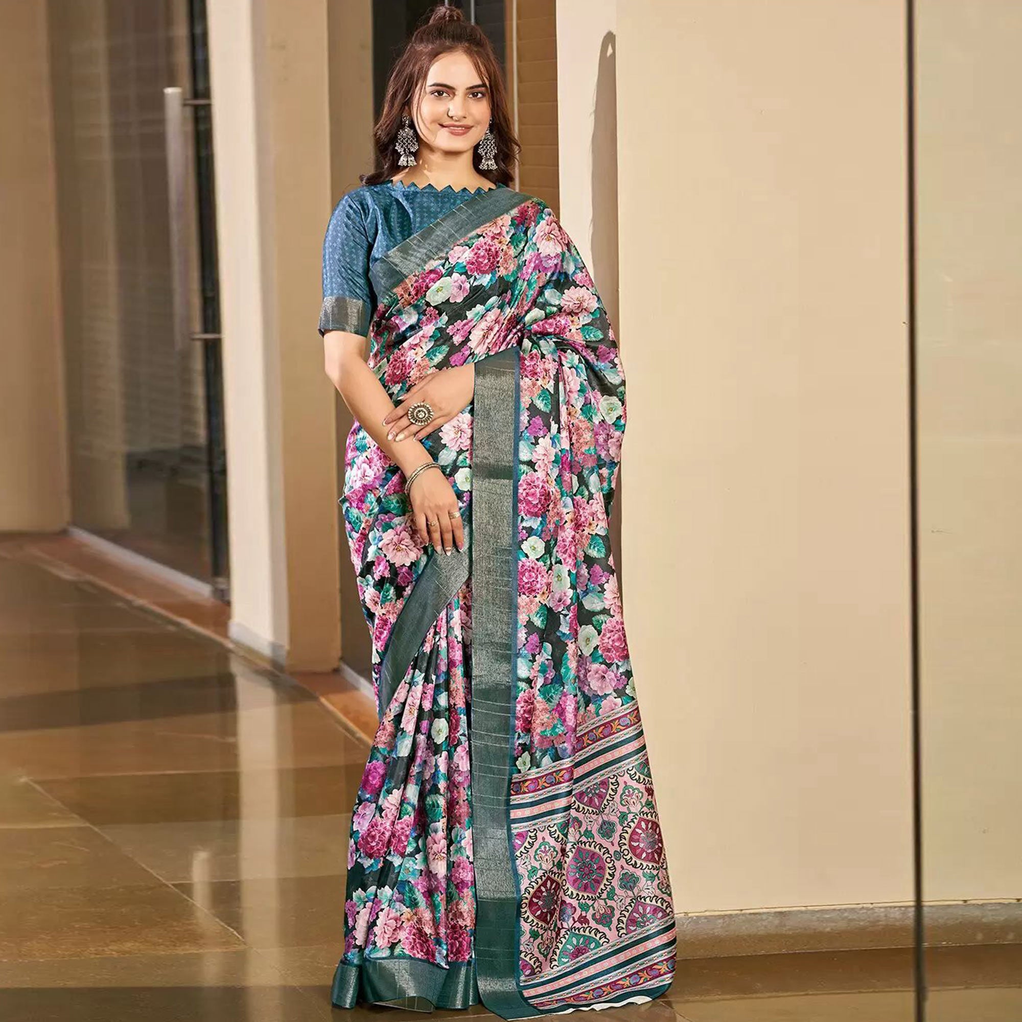 Teal Floral Digital Printed Tussar Silk Saree