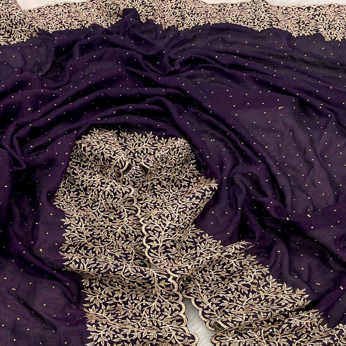 Dark Purple Zari Embroidered With Stonework Vichitra Silk Saree