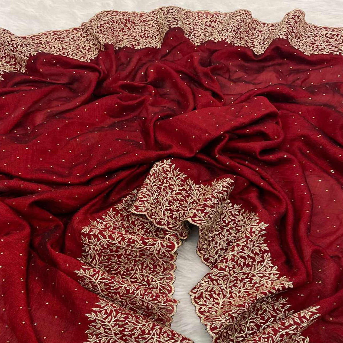 Maroon Zari Embroidered With Stonework Vichitra Silk Saree