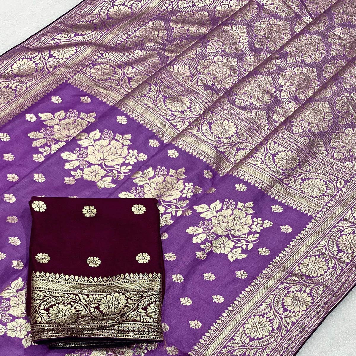 Lavender Floral Woven Dola Silk Saree