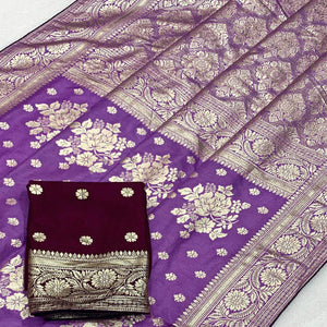 Lavender Floral Woven Dola Silk Saree