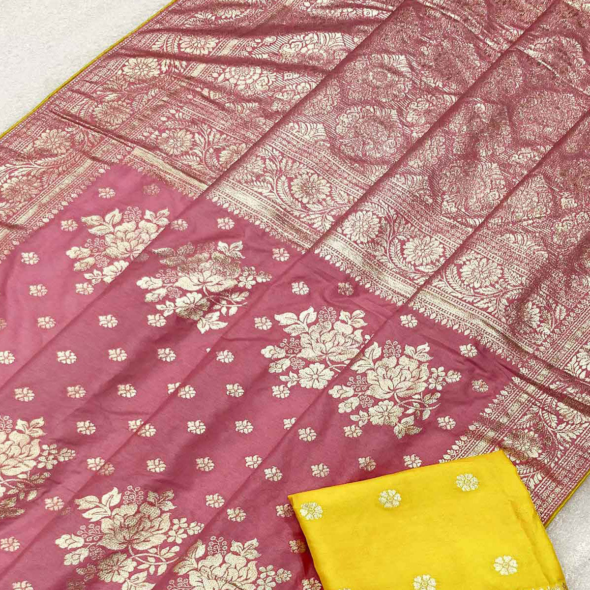 Pink Floral Woven Dola Silk Saree