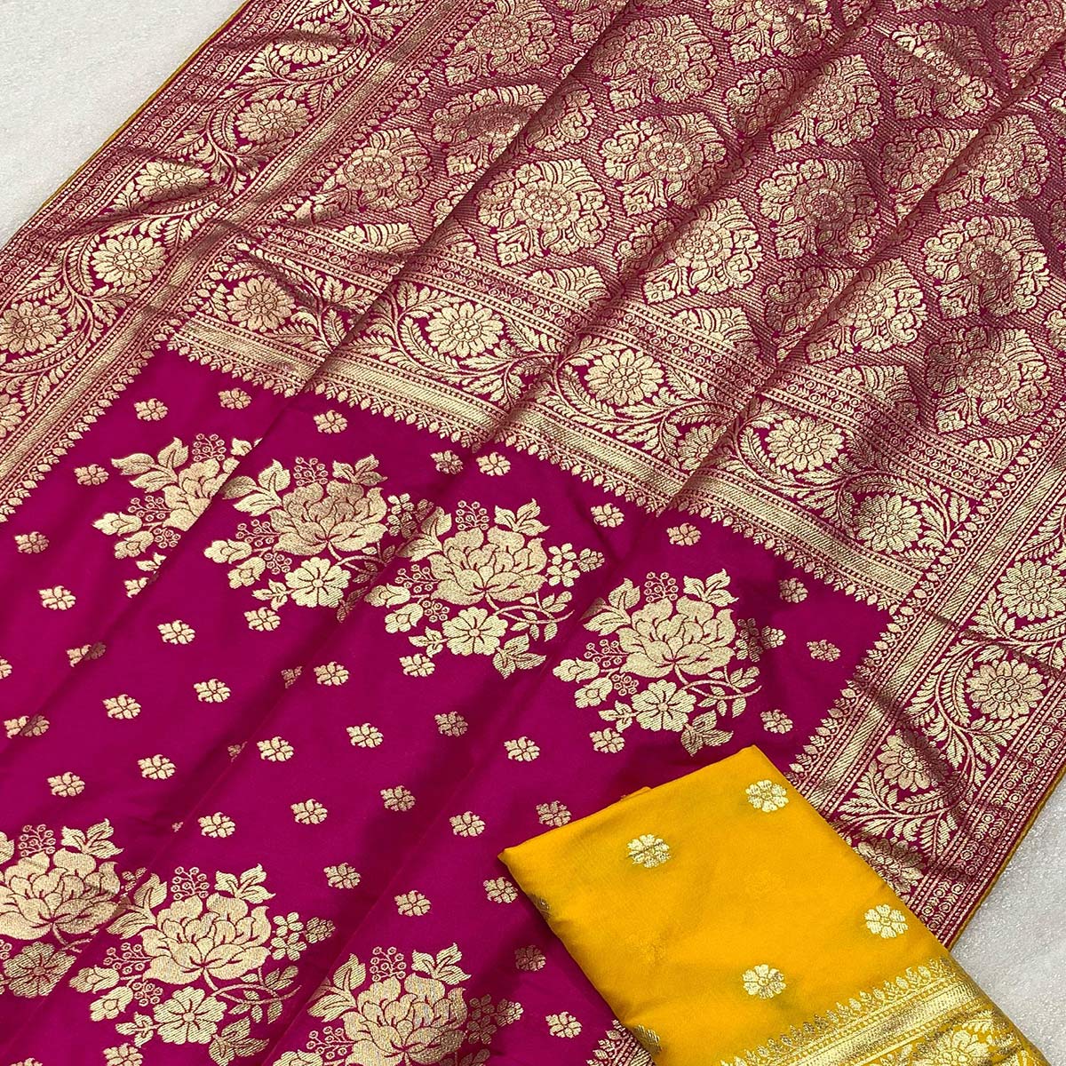 Rani Pink Floral Woven Dola Silk Saree