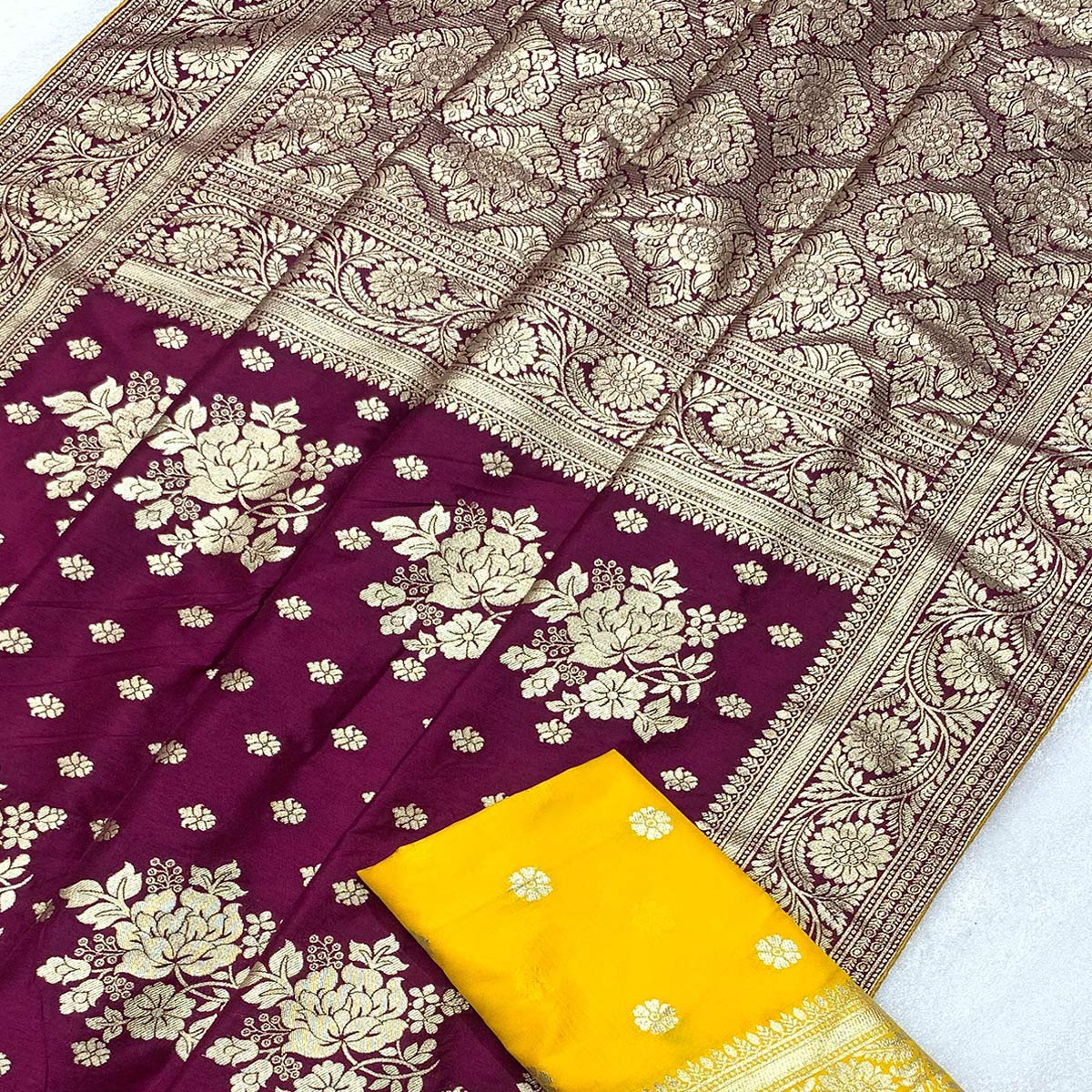 Wine Floral Woven Dola Silk Saree