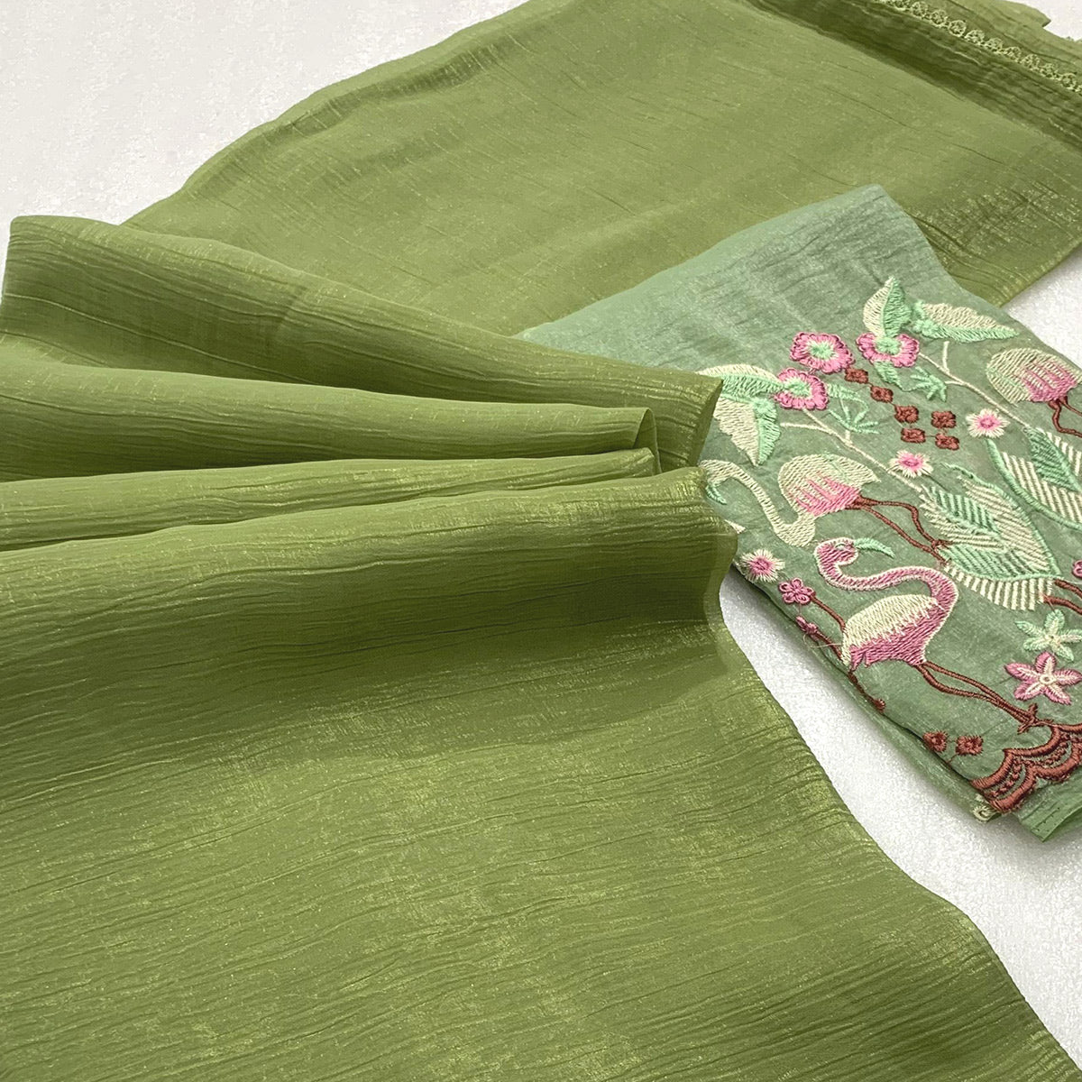 Green Solid Crunchy Crepe Saree With Embroidery Border