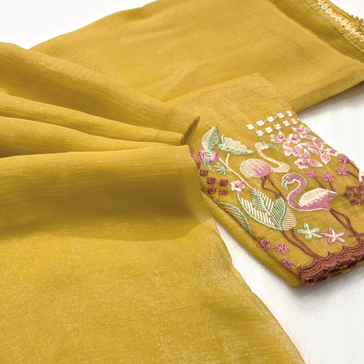 Mustard Solid Crunchy Crepe Saree With Embroidery Border