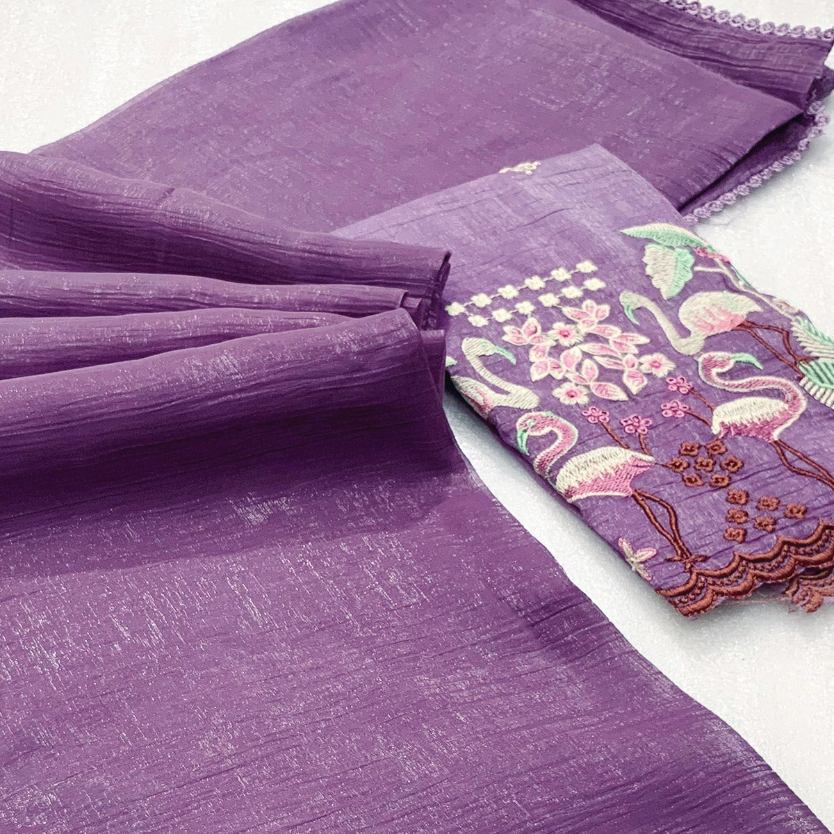 Purple Solid Crunchy Crepe Saree With Embroidery Border