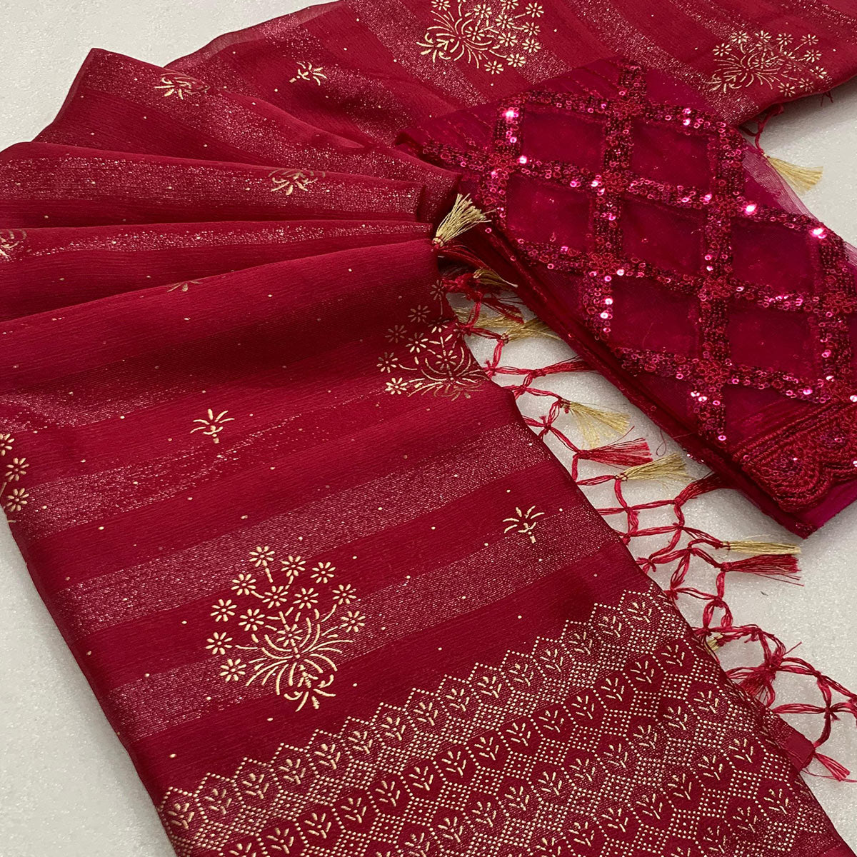 Red Emboss Floral Foil Printed Moss Art Silk Saree