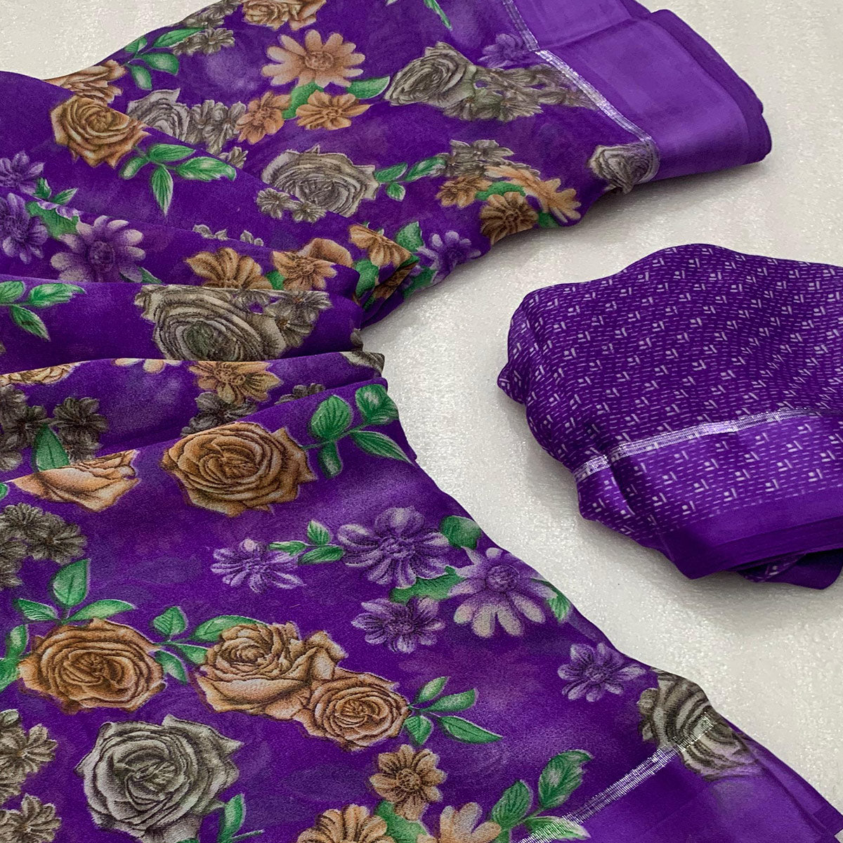 Violet Floral Printed Georgette Saree With Zari Border