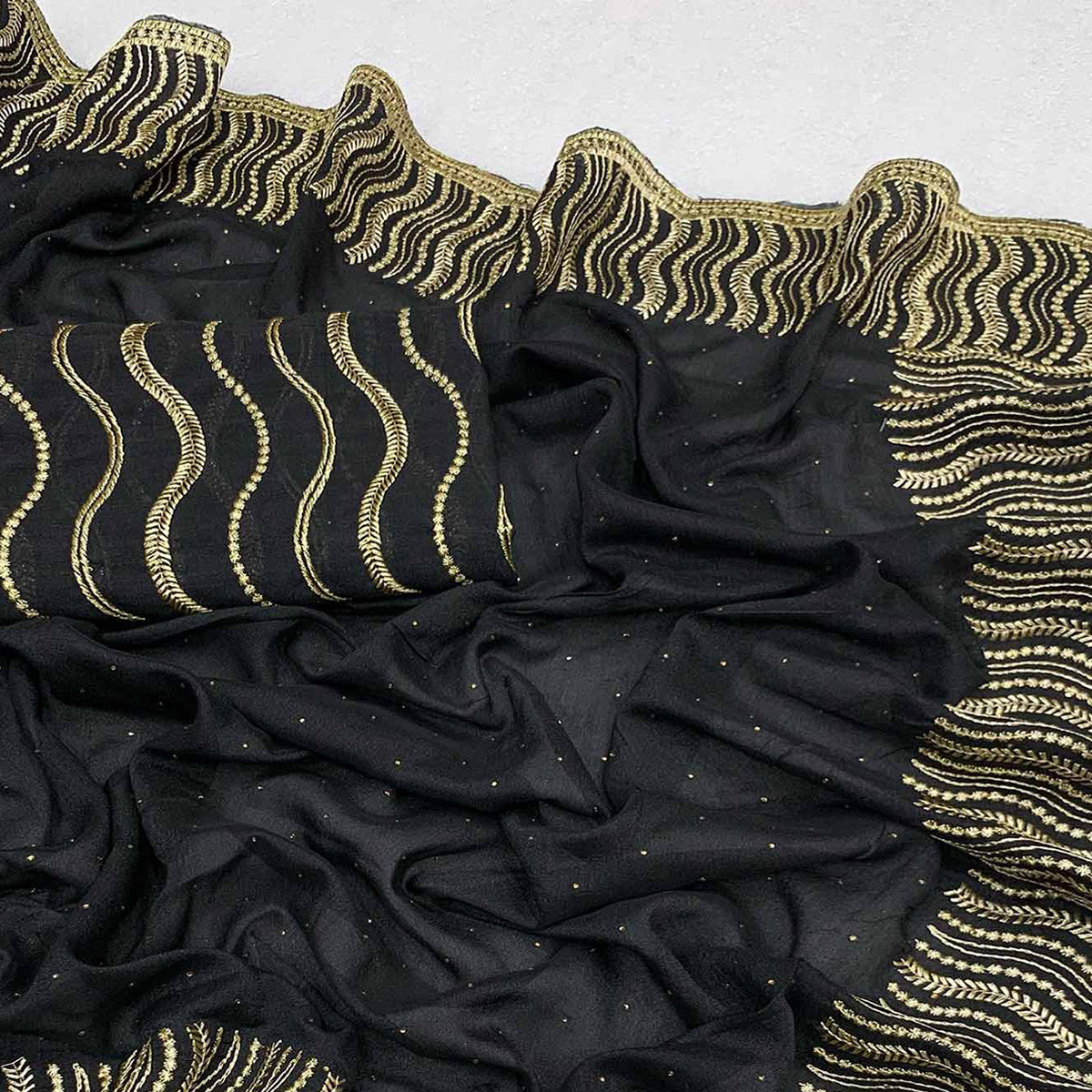 Black Embroidered With Swarovski Work Vichitra Silk Saree