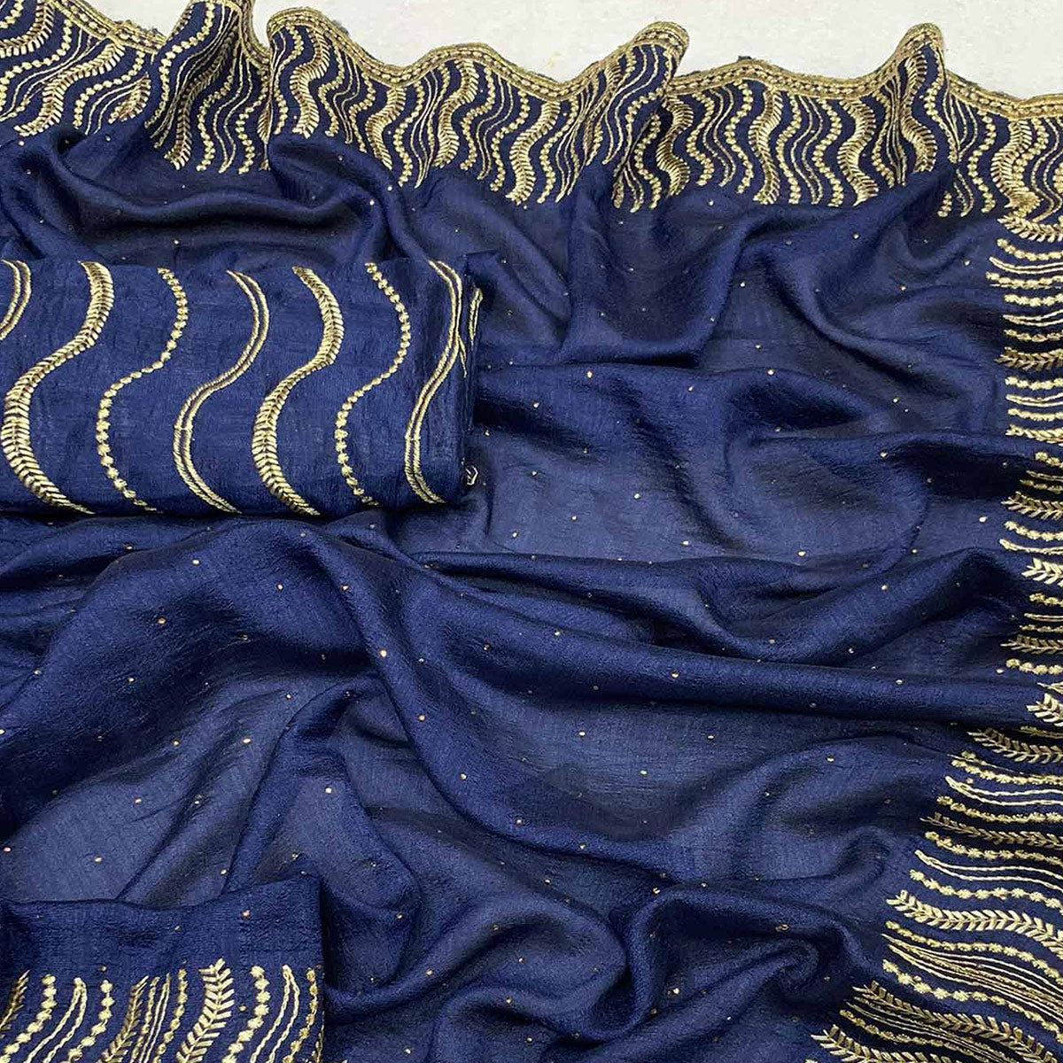 Blue Embroidered With Swarovski Work Vichitra Silk Saree