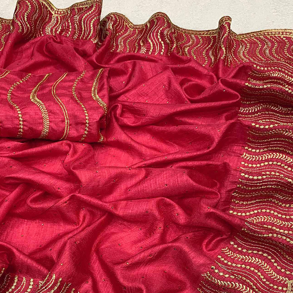 Pink Embroidered With Swarovski Work Vichitra Silk Saree