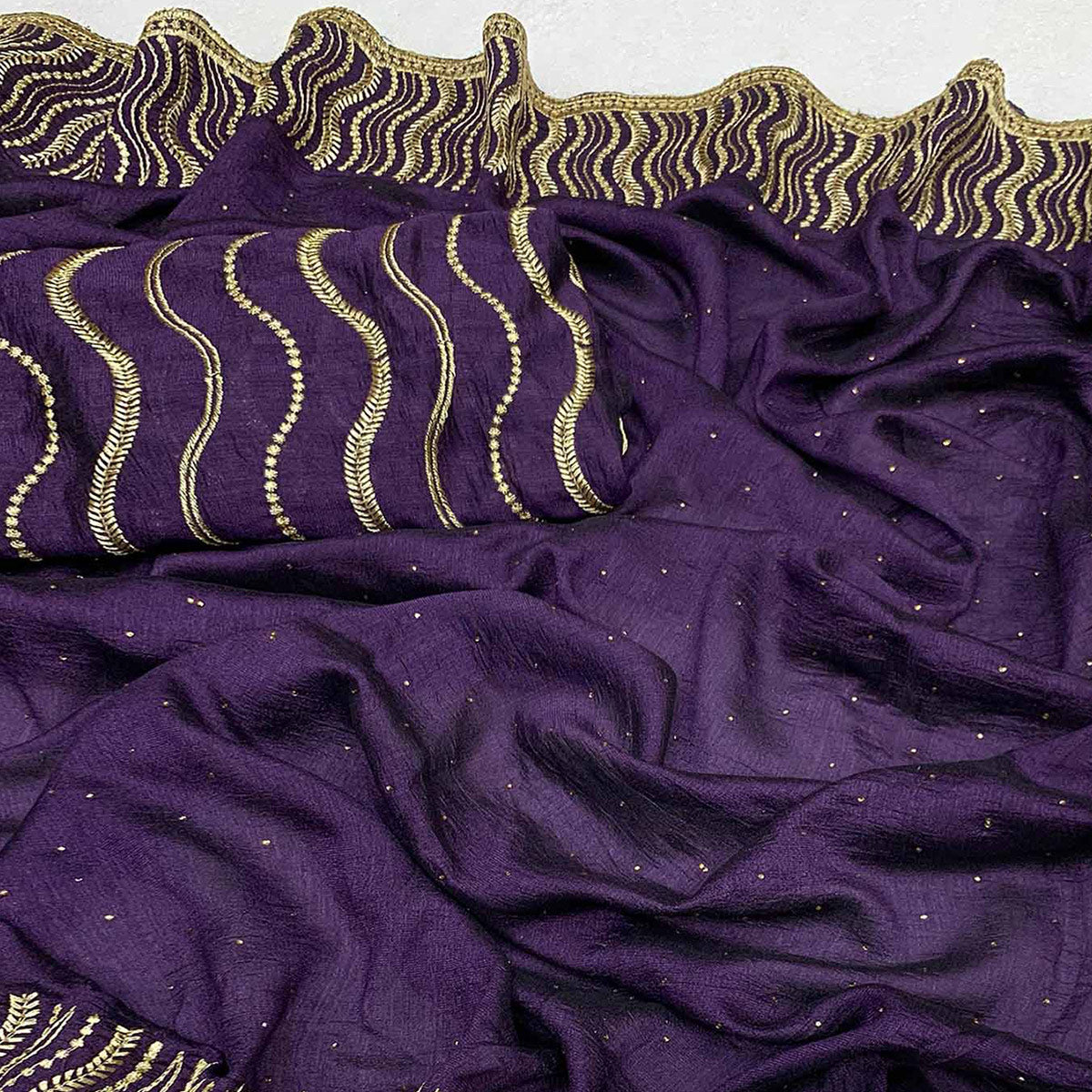 Purple Embroidered With Swarovski Work Vichitra Silk Saree