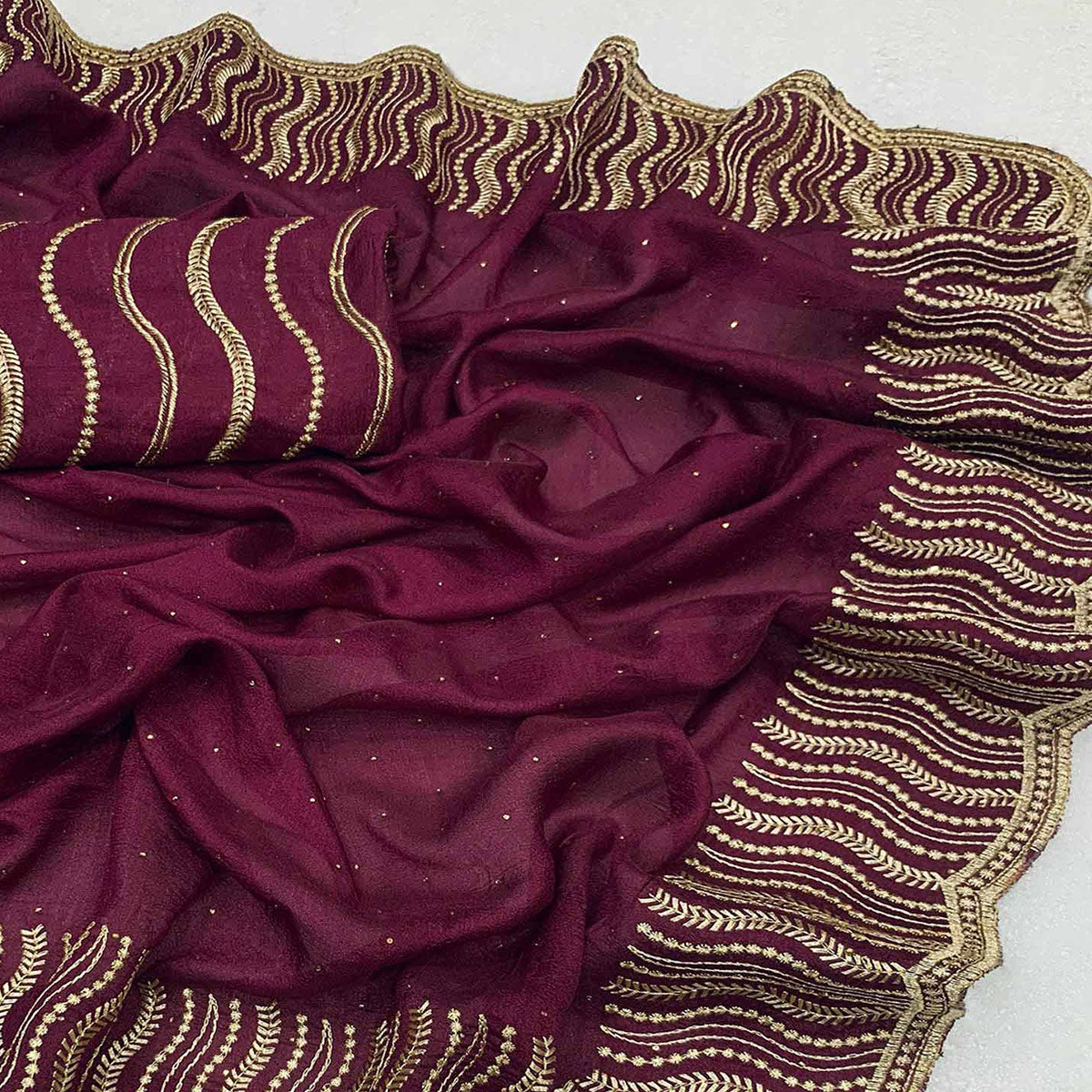 Wine Embroidered With Swarovski Work Vichitra Silk Saree
