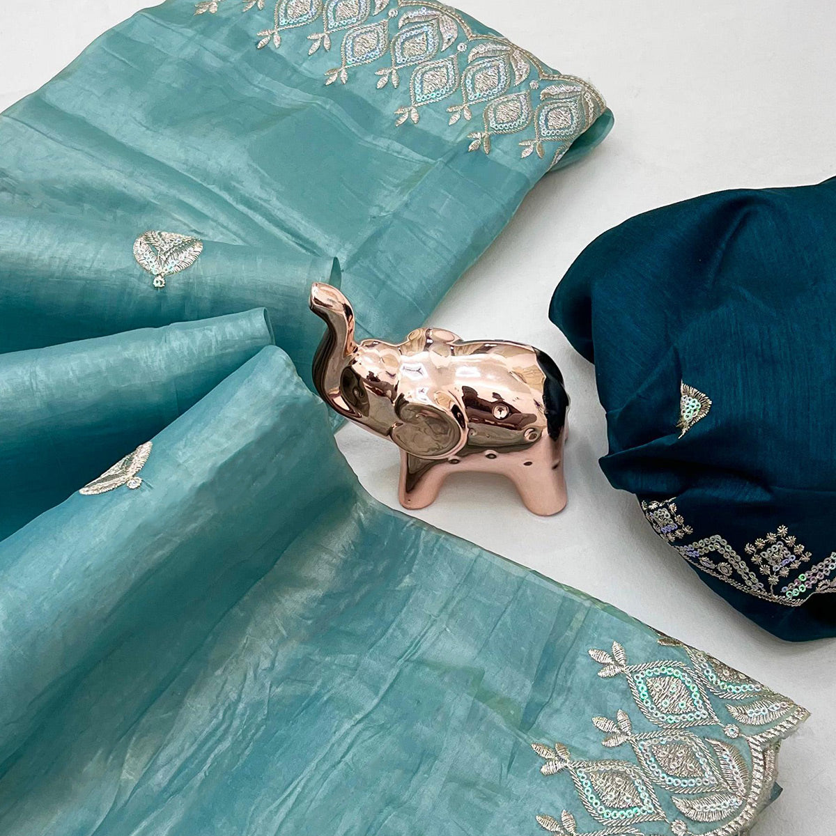 Blue Floral Sequins Embroidered Fancy Fabrics Crush Saree