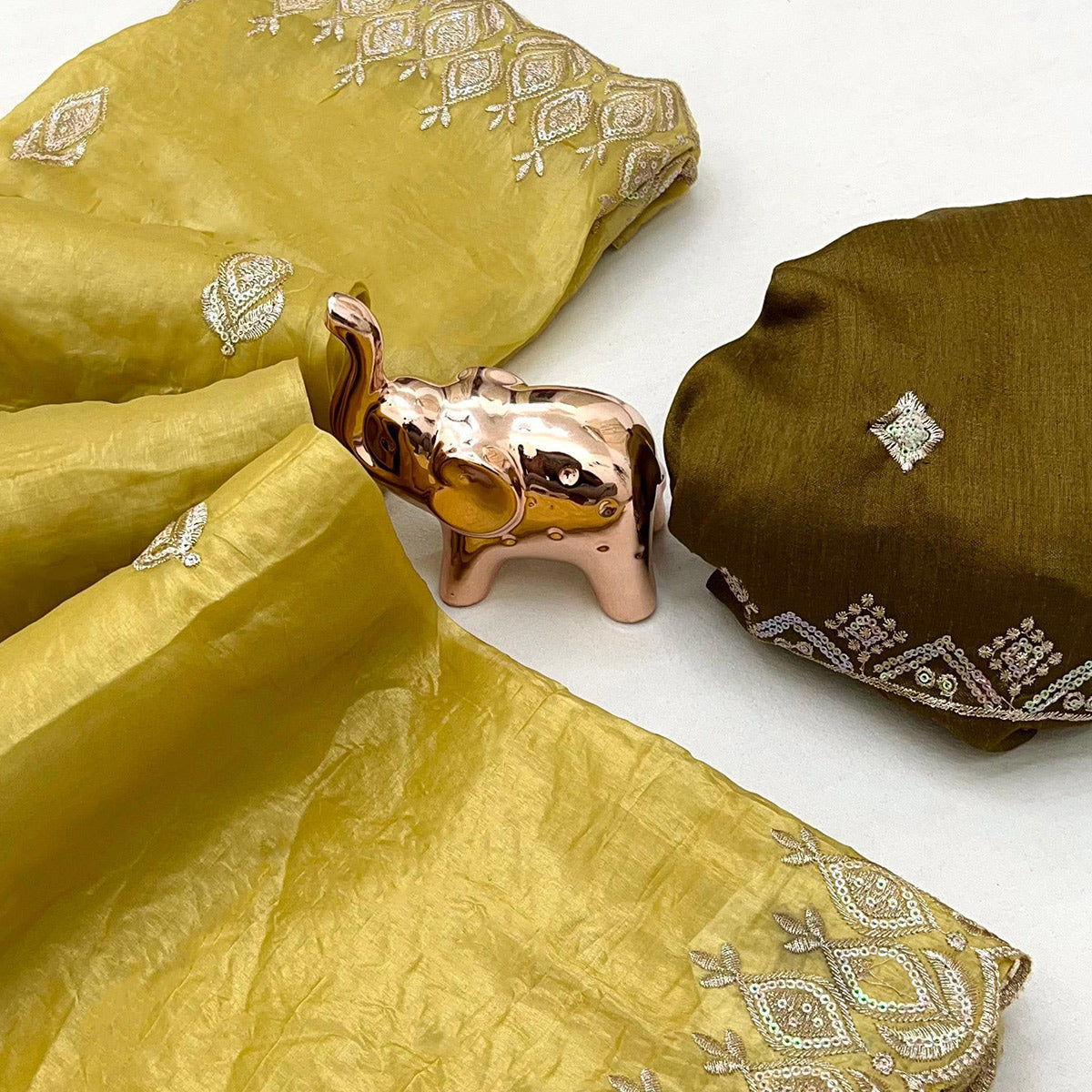 Dark Mustard Floral Sequins Embroidered Fancy Fabrics Crush Saree