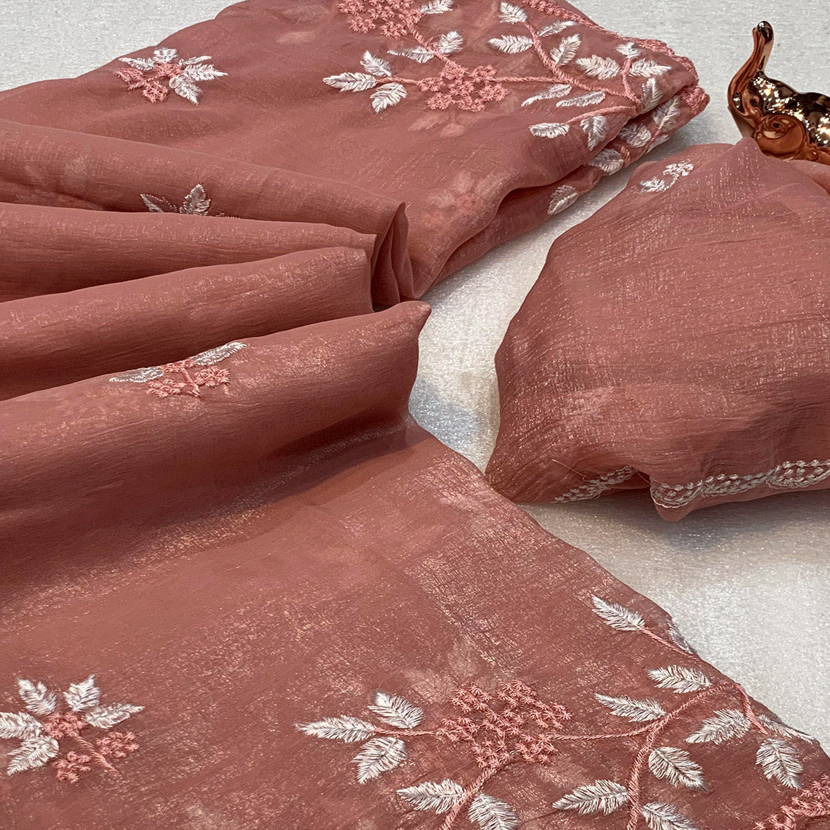 Dusty Peach Chiffon Saree Adorned With Delicate Floral Thread Embroidery