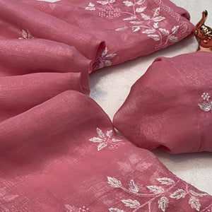 Dusty Rose Pink Chiffon Saree Adorned With Delicate Floral Thread Embroidery