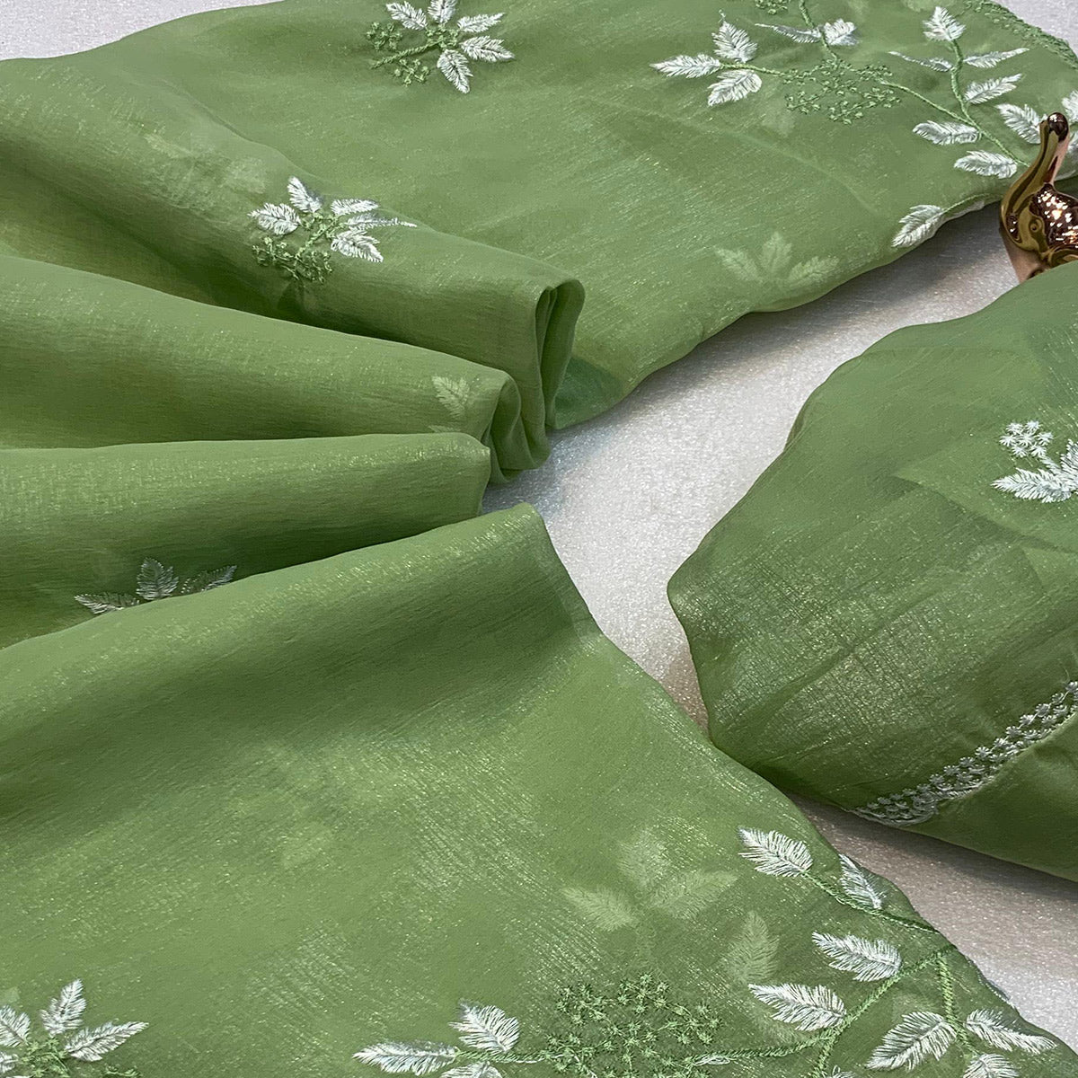 Green Chiffon Saree Adorned With Delicate Floral Thread Embroidery