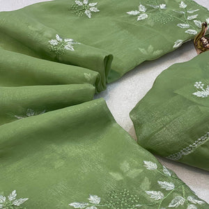 Green Chiffon Saree Adorned With Delicate Floral Thread Embroidery