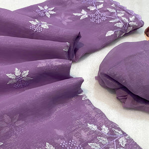 Lavender Chiffon Saree Adorned With Delicate Floral Thread Embroidery