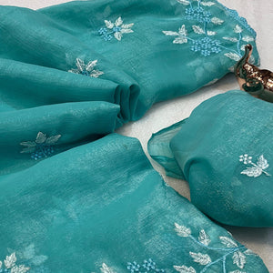 Turquoise  Chiffon Saree Adorned With Delicate Floral Thread Embroidery