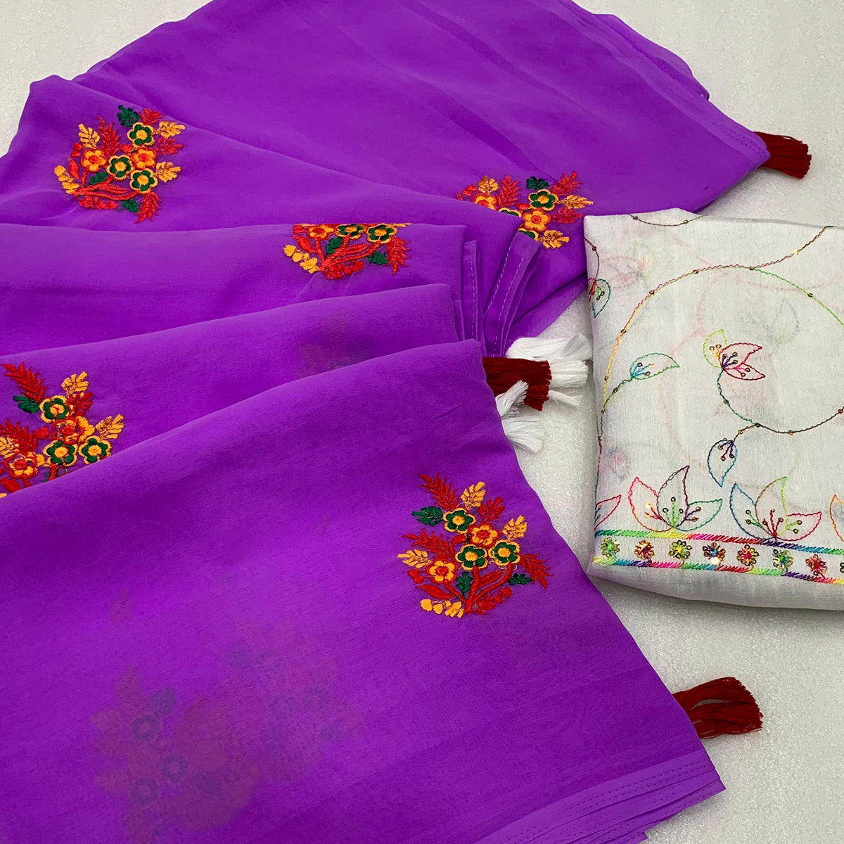 Purple Floral Embroidered Georgette Saree