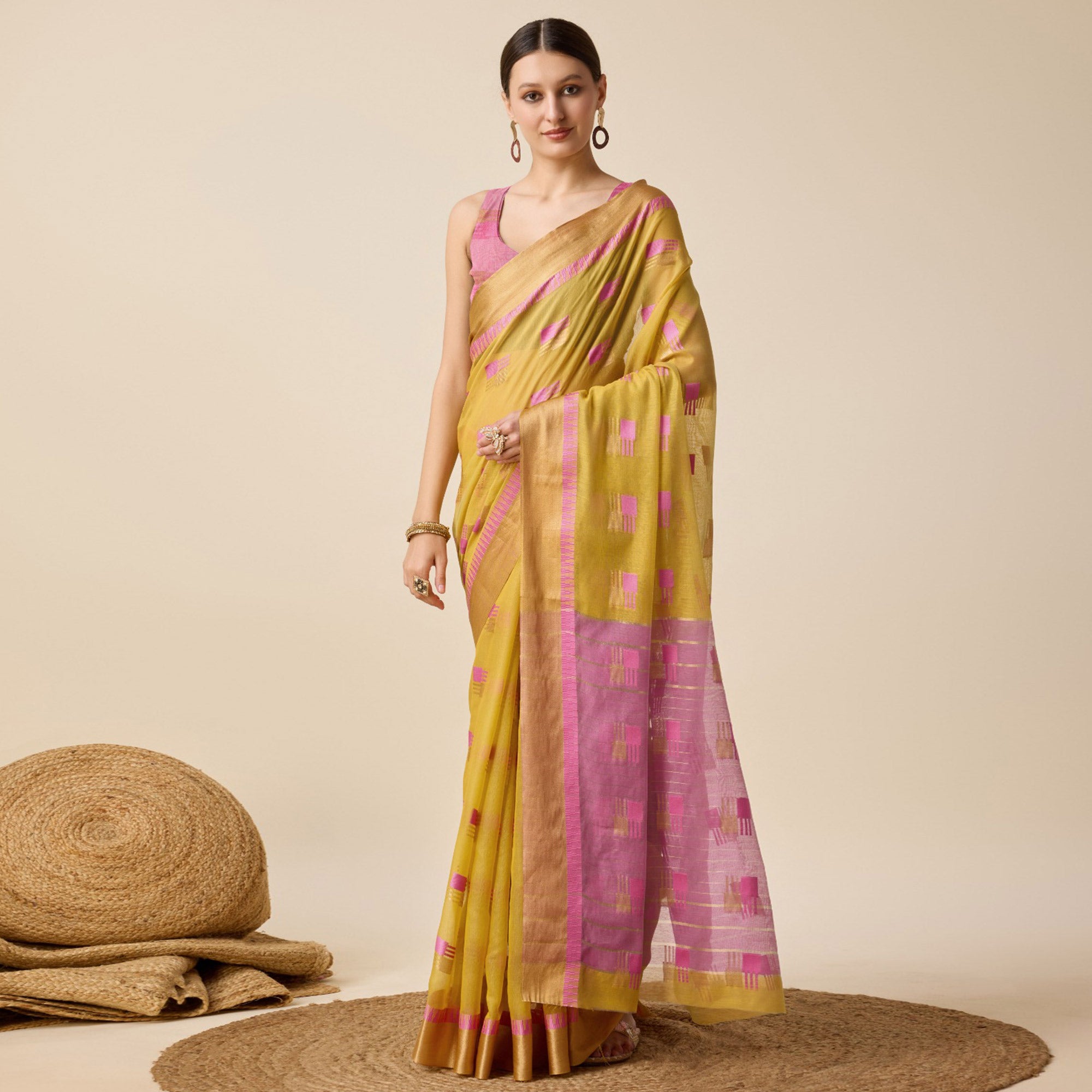 Mustard Zari Woven Cotton Silk Saree