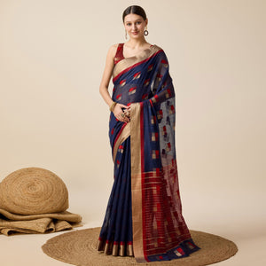 Navy Blue Zari Woven Cotton Silk Saree