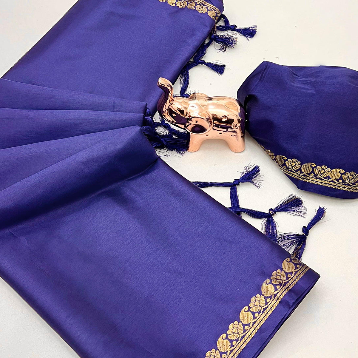 Classic Navy Blue Solid Weaving Mysore Silk Saree Accented With Floral Border & Tassel Pallu