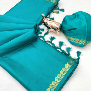 Classic Rama Green Solid Weaving Mysore Silk Saree Accented With Floral Border & Tassel Pallu