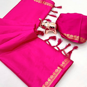 Classic Rani Pink Solid Weaving Mysore Silk Saree Accented With Floral Border & Tassel Pallu