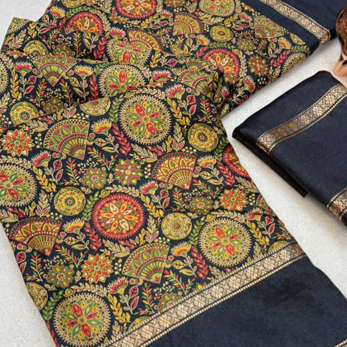 Black Floral Print Saree in Pure Soft Silk Blend Fabric for Timeless Grace