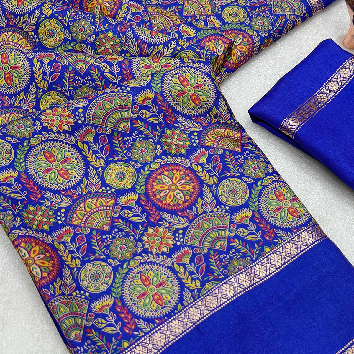 Blue Floral Print Saree in Pure Soft Silk Blend Fabric for Timeless Grace