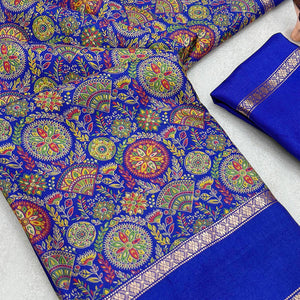 Blue Floral Print Saree in Pure Soft Silk Blend Fabric for Timeless Grace