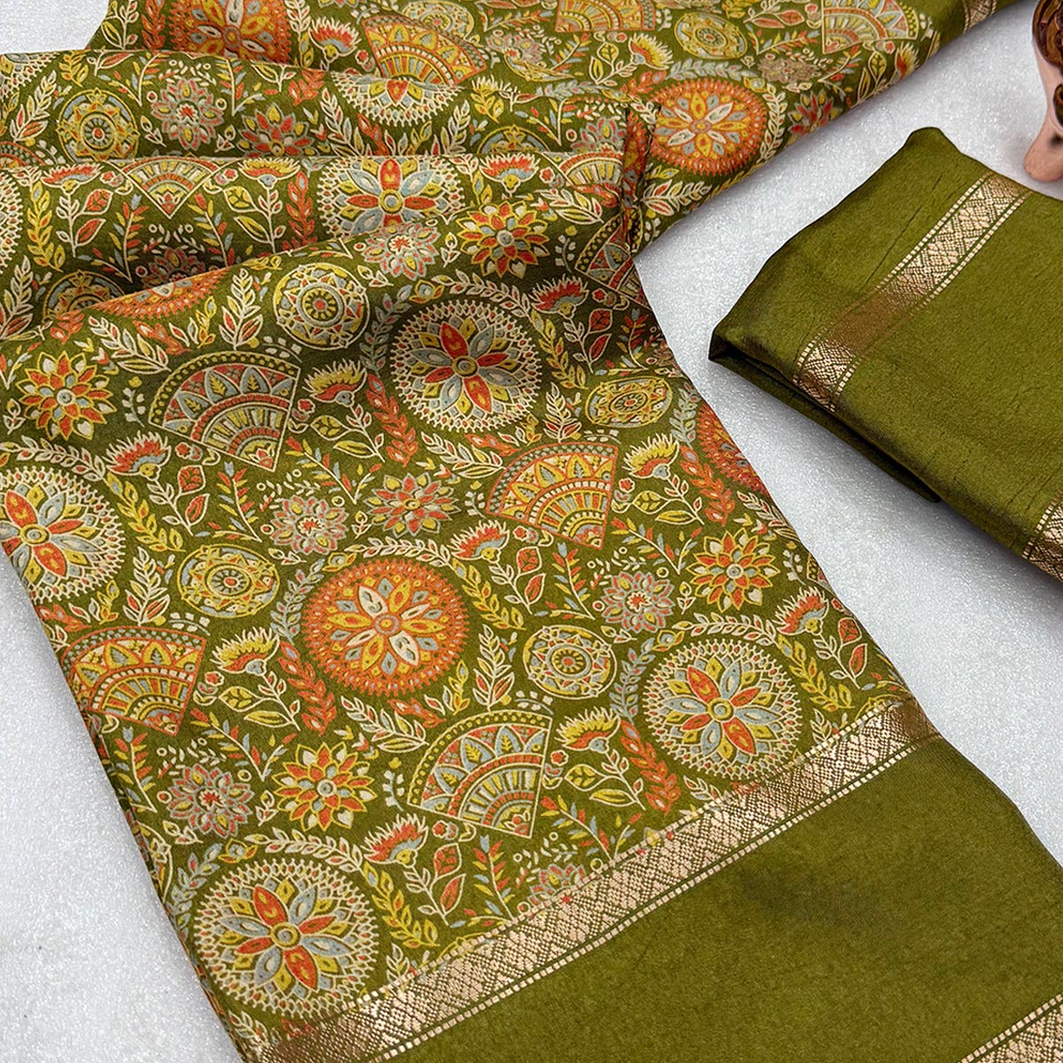 Green Floral Print Saree in Pure Soft Silk Blend Fabric for Timeless Grace