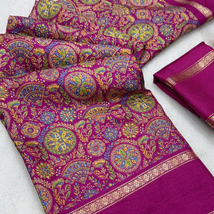 Magenta Floral Print Saree in Pure Soft Silk Blend Fabric for Timeless Grace