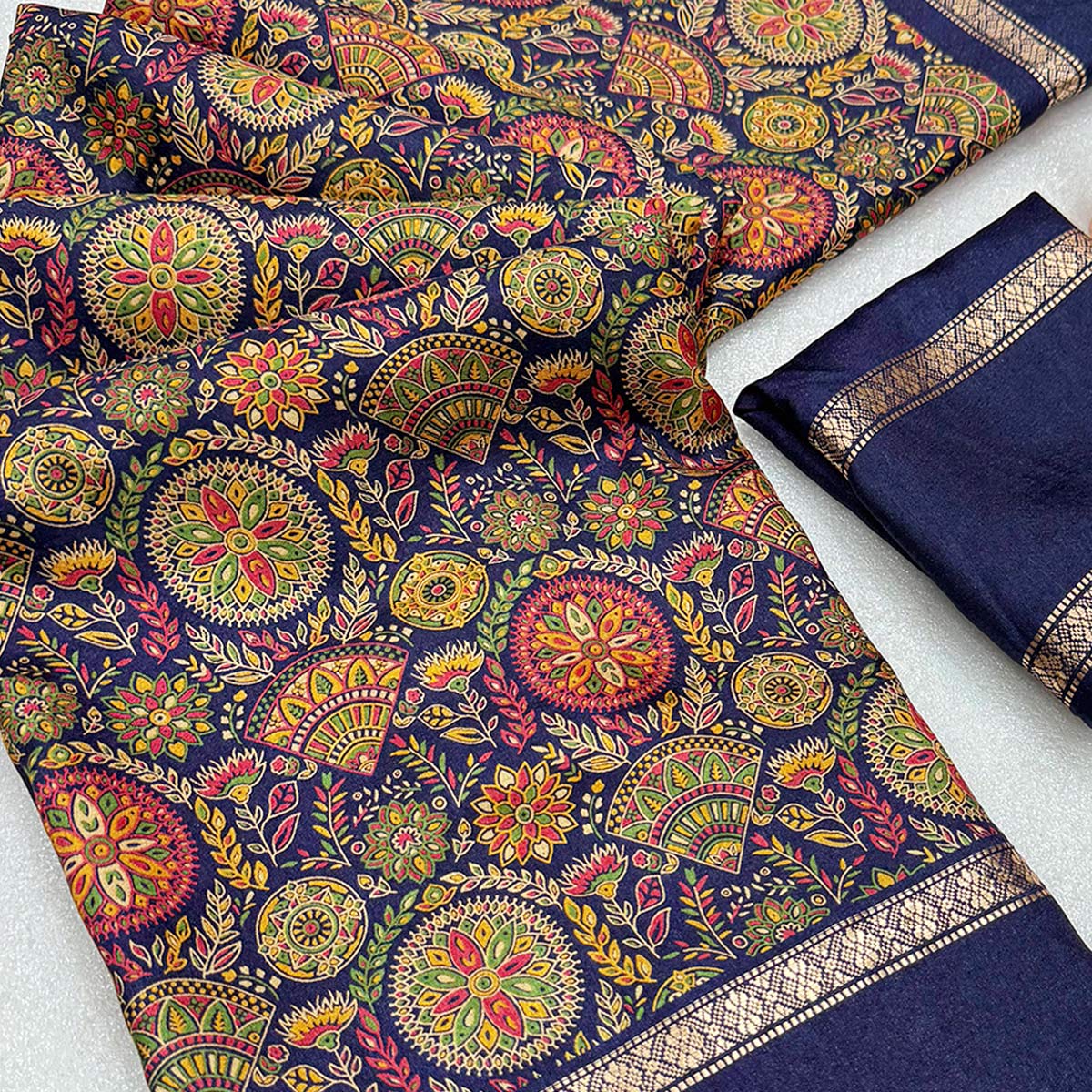 Navy Blue Floral Print Saree in Pure Soft Silk Blend Fabric for Timeless Grace