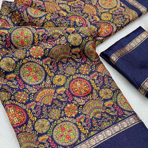 Navy Blue Floral Print Saree in Pure Soft Silk Blend Fabric for Timeless Grace
