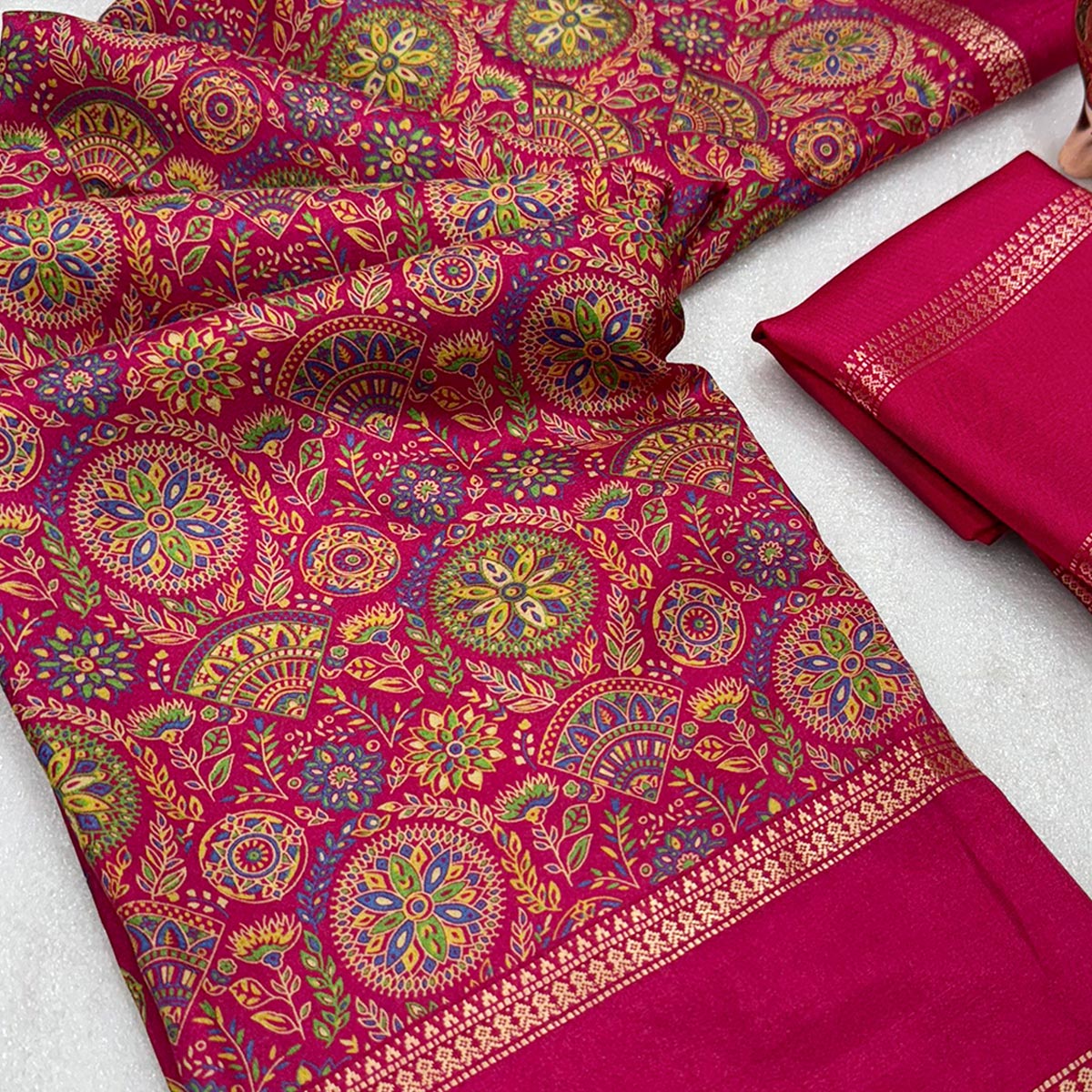 Pink Floral Print Saree in Pure Soft Silk Blend Fabric for Timeless Grace