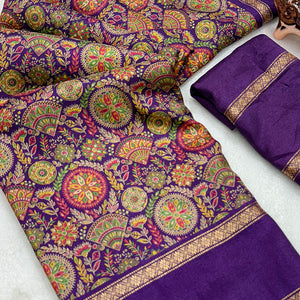 Purple Floral Print Saree in Pure Soft Silk Blend Fabric for Timeless Grace
