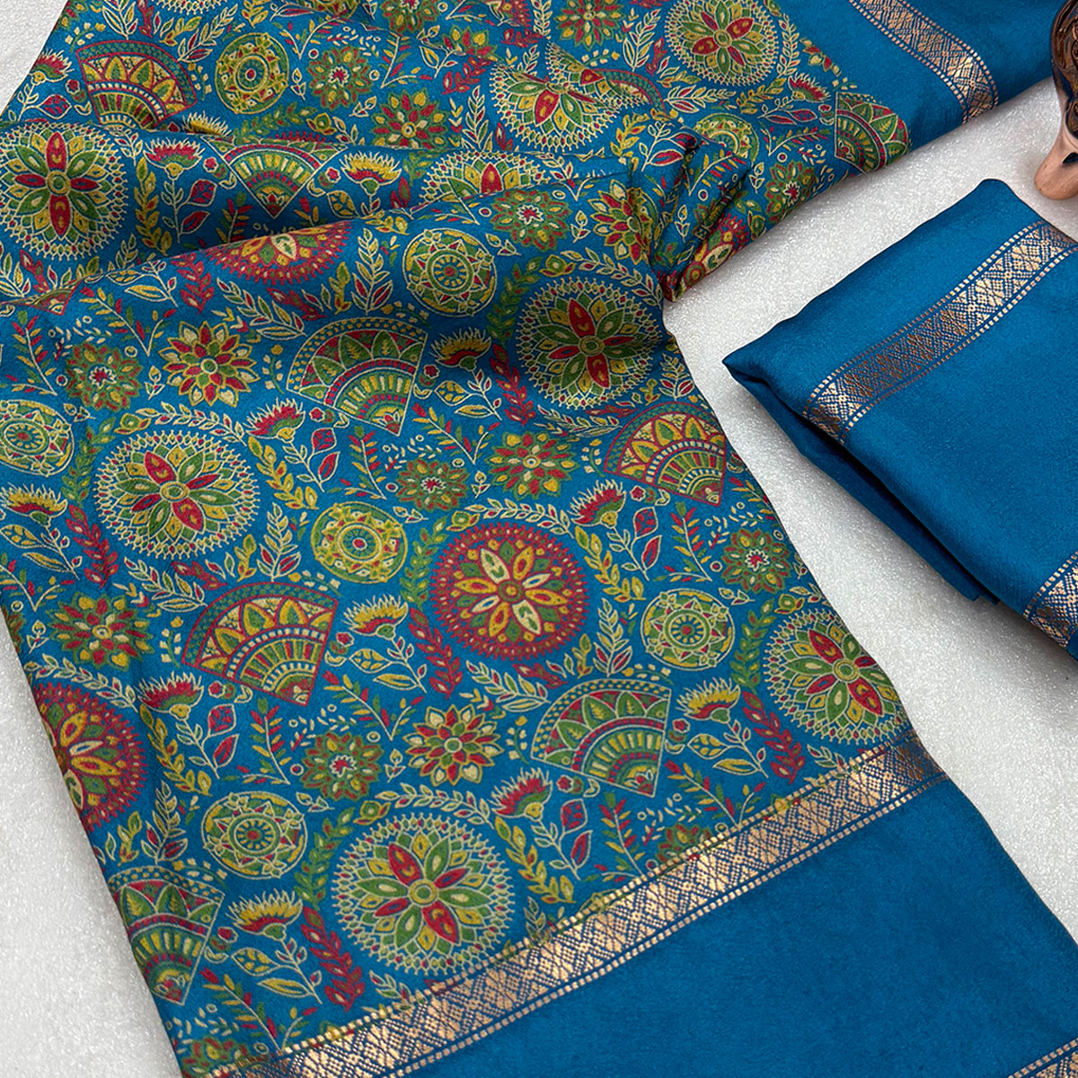 Teal Floral Print Saree in Pure Soft Silk Blend Fabric for Timeless Grace