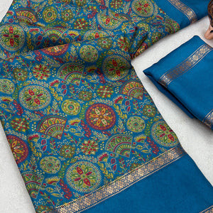Teal Floral Print Saree in Pure Soft Silk Blend Fabric for Timeless Grace