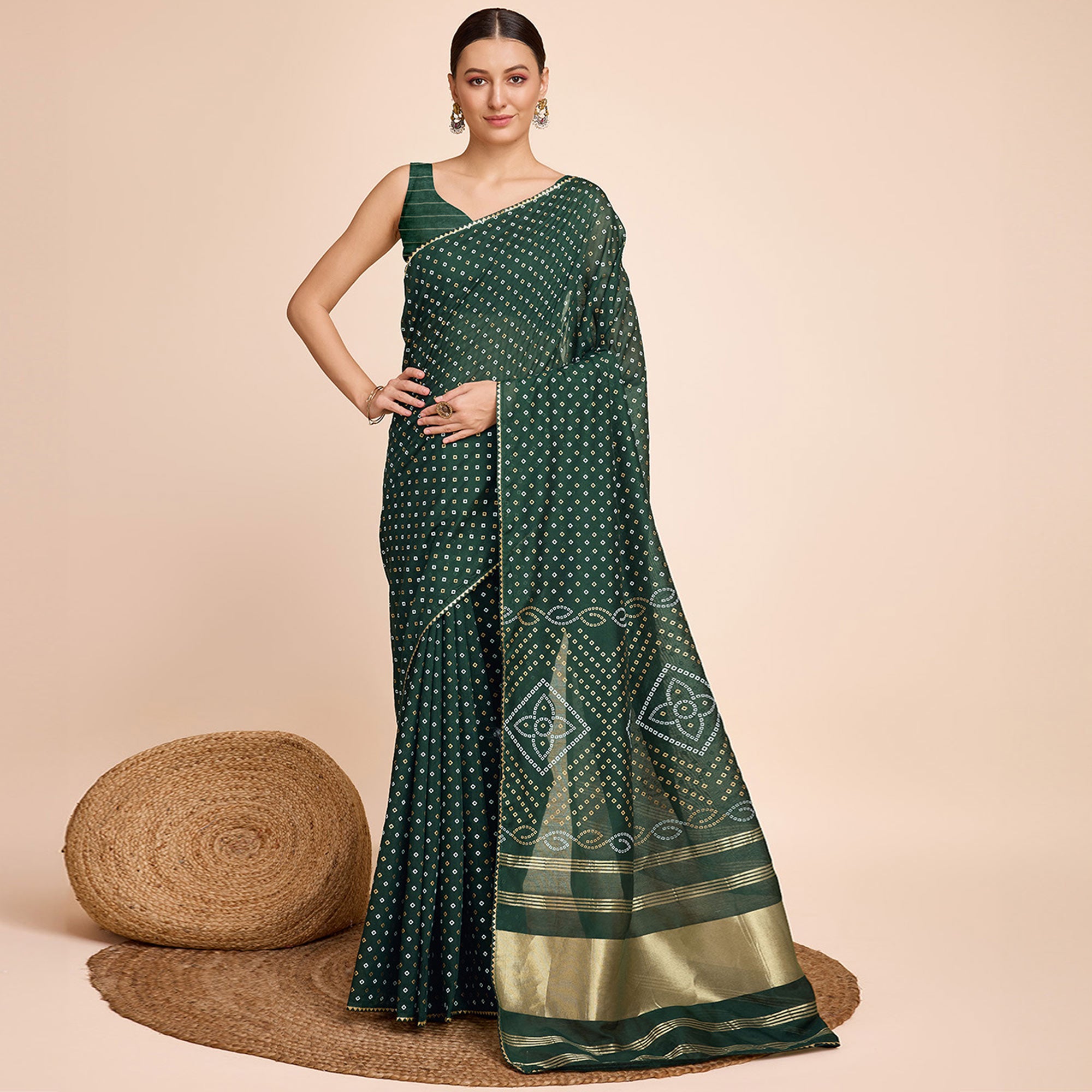 Green Bandhani Printed Cotton Silk Saree