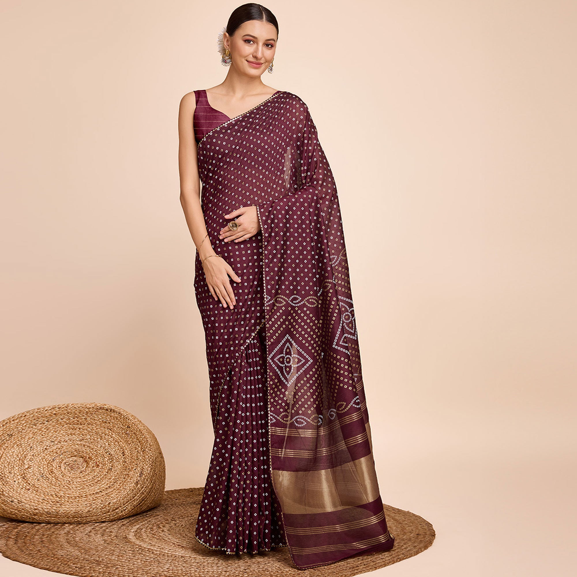 Wine Bandhani Printed Cotton Silk Saree