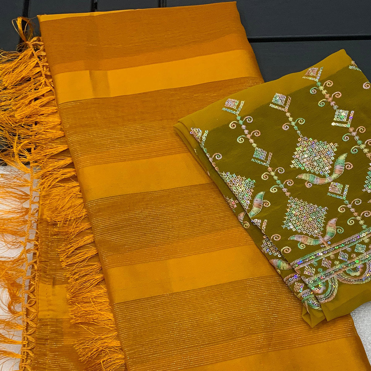 Mustard Striped Woven Chiffon Silk Saree With Tassels